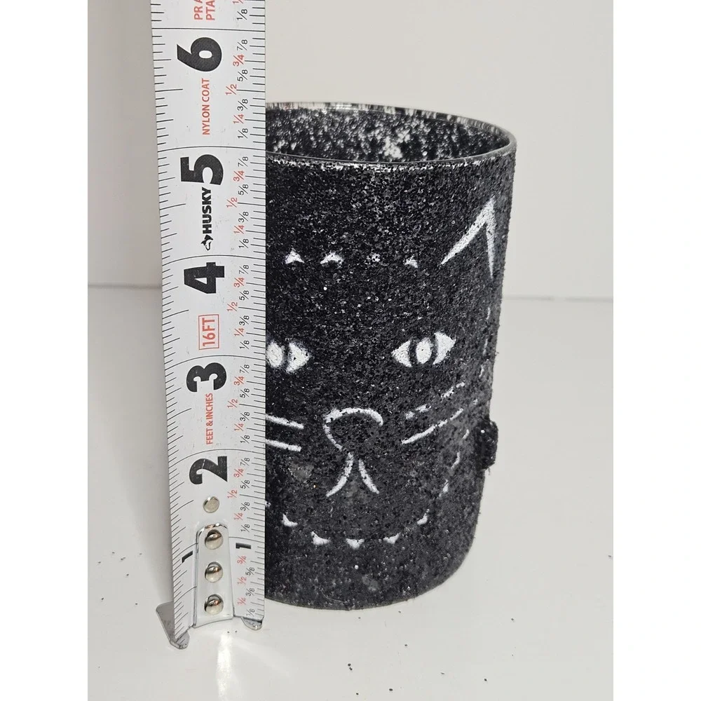 LGD Inc Halloween Black Cat Glitter Candle Holder Glass Cylinder Vase Luminary